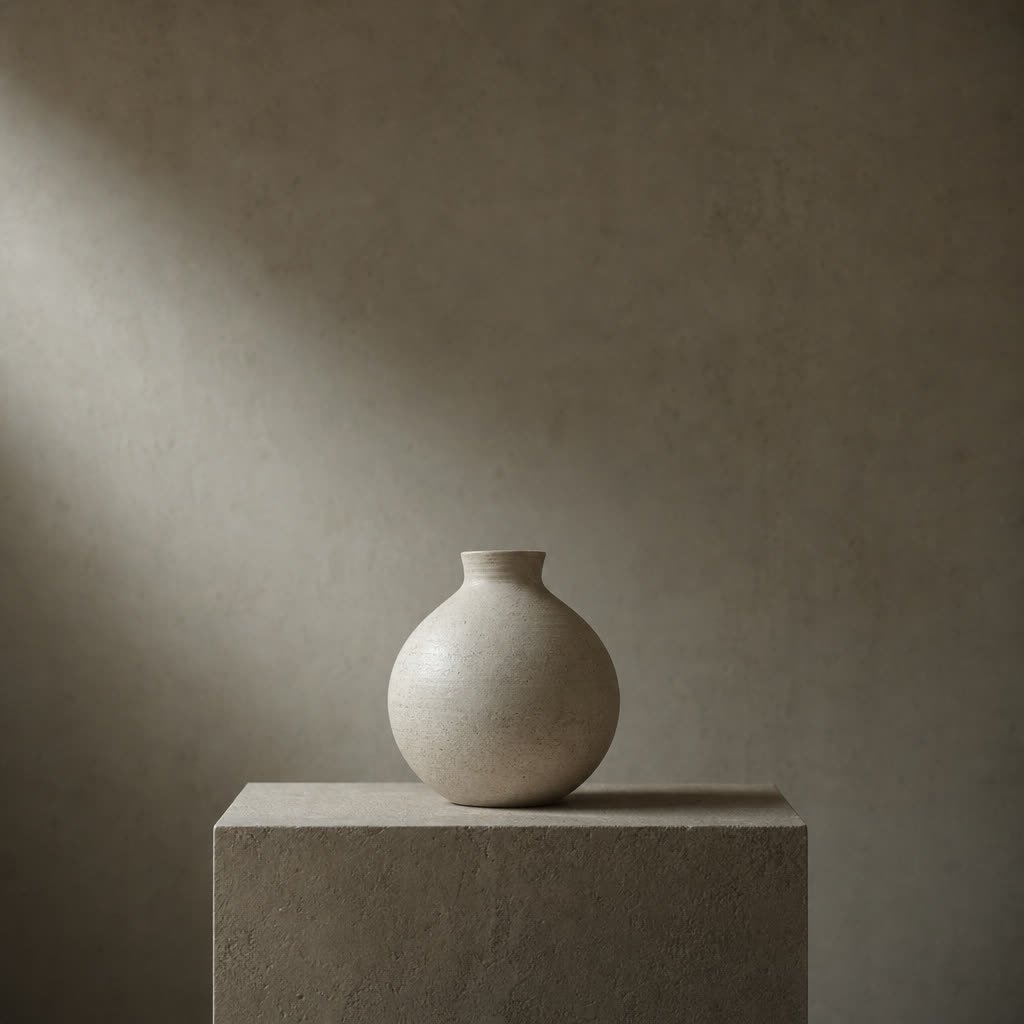 A hand-thrown ceramic vessel on a stone plinth in raking light